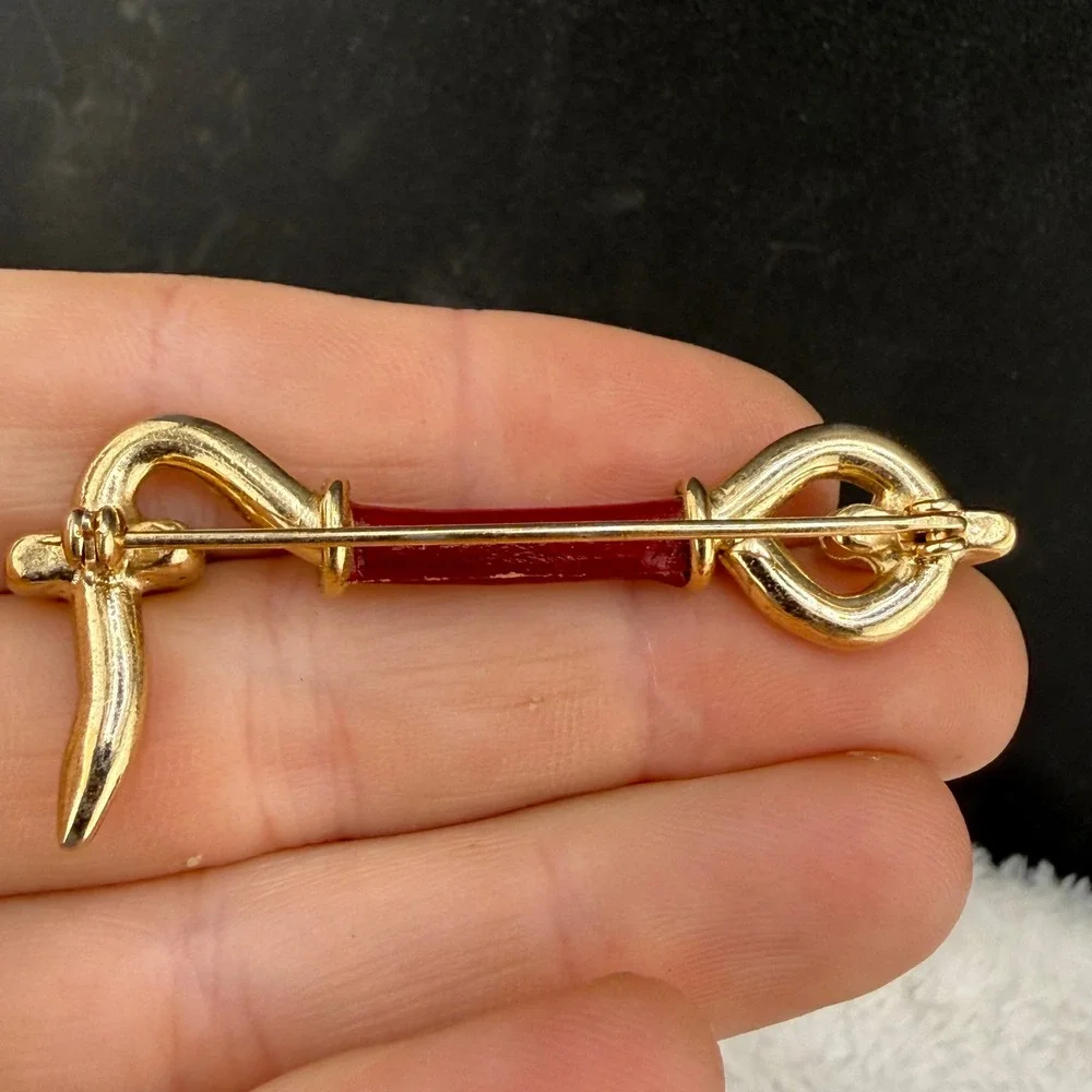 Vintage Brooch Equestrian Hook and Eye Gold Red Enamel  Pin